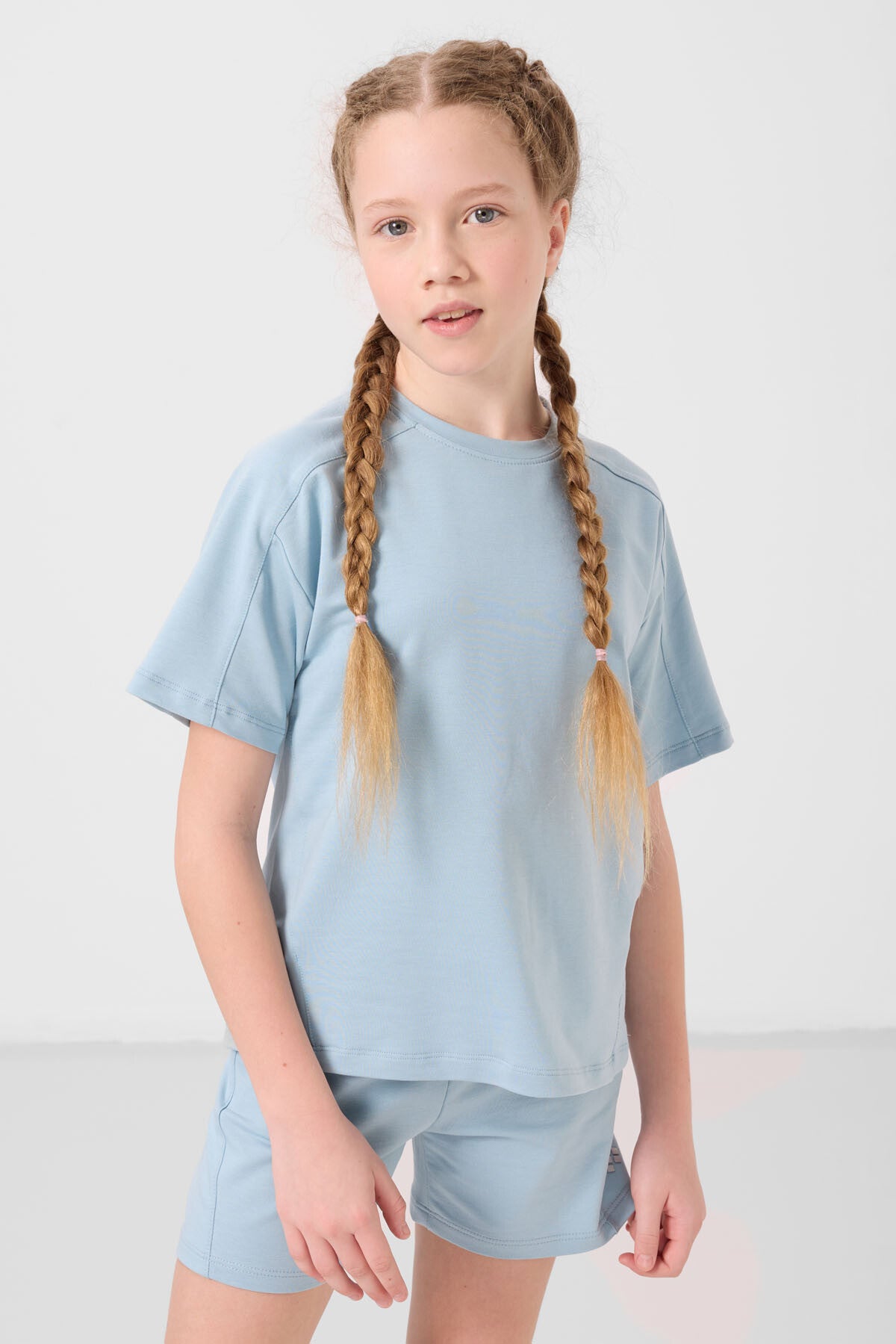 Light blue cotton soft woven standard fit basic girls shorts set - 75184
