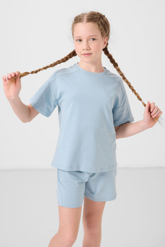 Light blue cotton soft woven standard fit basic girls shorts set - 75184