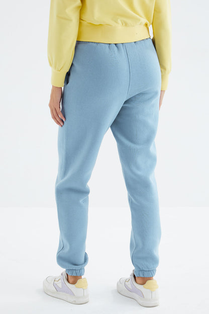 Light Blue High Waist Brushed 3-Thread Cotton Basic Women's Tracksuit Bottom - 94624
