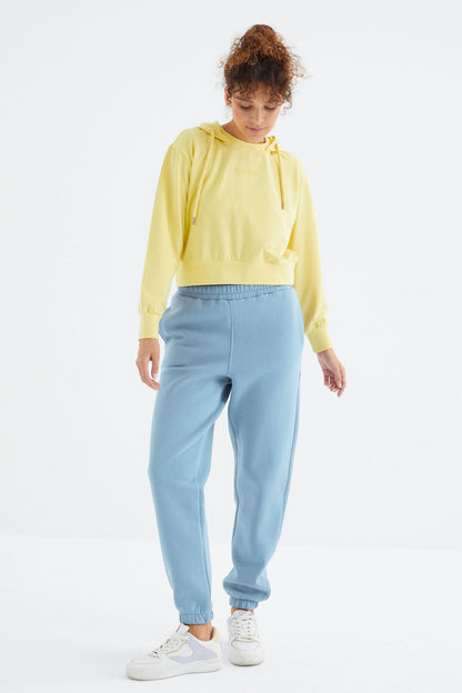 Light Blue High Waist Brushed 3-Thread Cotton Basic Women's Tracksuit Bottom - 94624