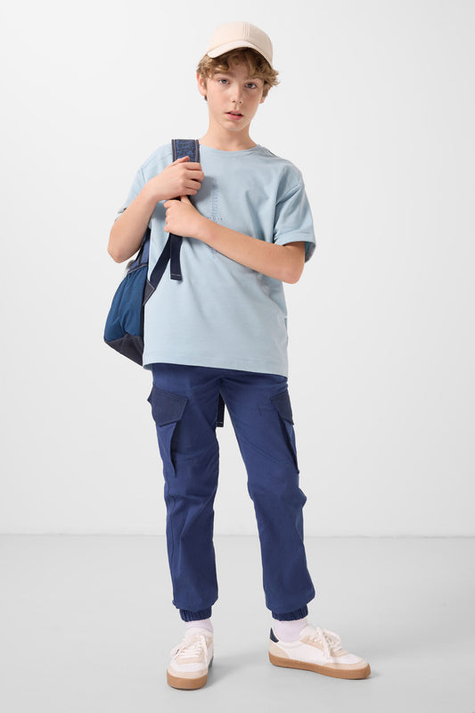 Light blue cotton soft woven oversize printed T-Shirt - 11301