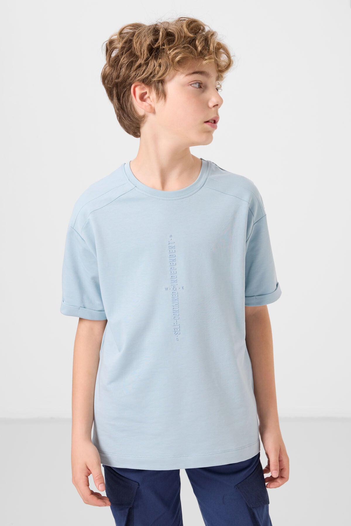Light blue cotton soft woven oversize printed T-Shirt - 11301