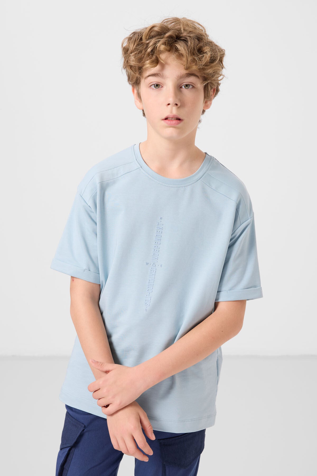 Light blue cotton soft woven oversize printed T-Shirt - 11301