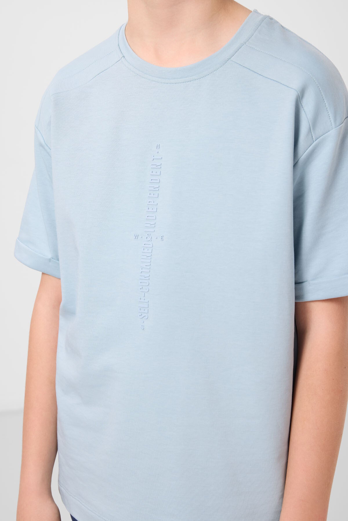 Light blue cotton soft woven oversize printed T-Shirt - 11301