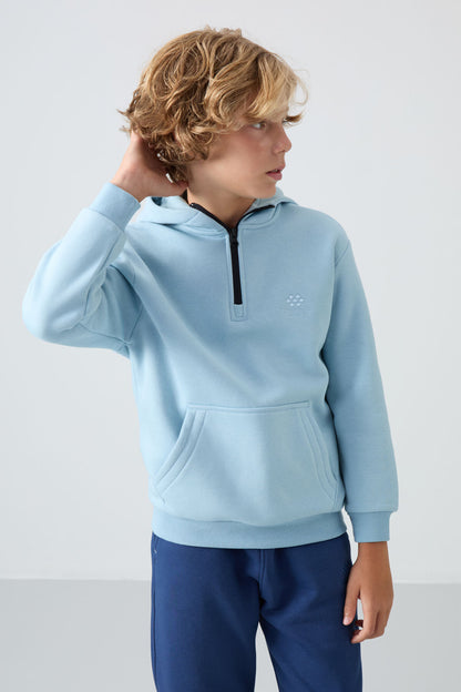 Light Blue Cotton Thick Fleece-Lined Soft Textured Standard Fit Embroidered Boys' Sweatshirt - 11244