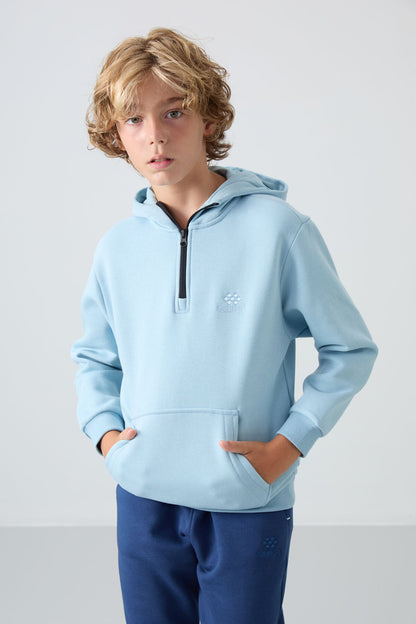 Light Blue Cotton Thick Fleece-Lined Soft Textured Standard Fit Embroidered Boys' Sweatshirt - 11244