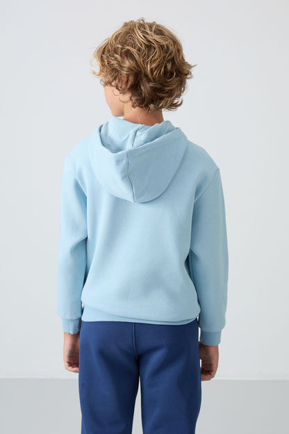 Light Blue Cotton Thick Fleece-Lined Soft Textured Standard Fit Embroidered Boys' Sweatshirt - 11244