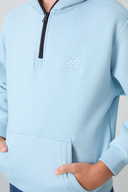 Light Blue Cotton Thick Fleece-Lined Soft Textured Standard Fit Embroidered Boys' Sweatshirt - 11244