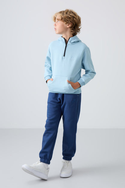 Light Blue Cotton Thick Fleece-Lined Soft Textured Standard Fit Embroidered Boys' Sweatshirt - 11244