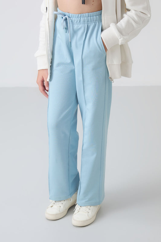 Light Blue Pocketed Front Seam Detailed Wide Leg Girls' Tracksuit Bottom -75144
