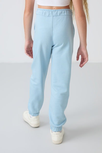 Light Blue Cotton Fleece-Lined Soft Textured Standard Fit Embroidered Girls' Tracksuit Bottom - 75158
