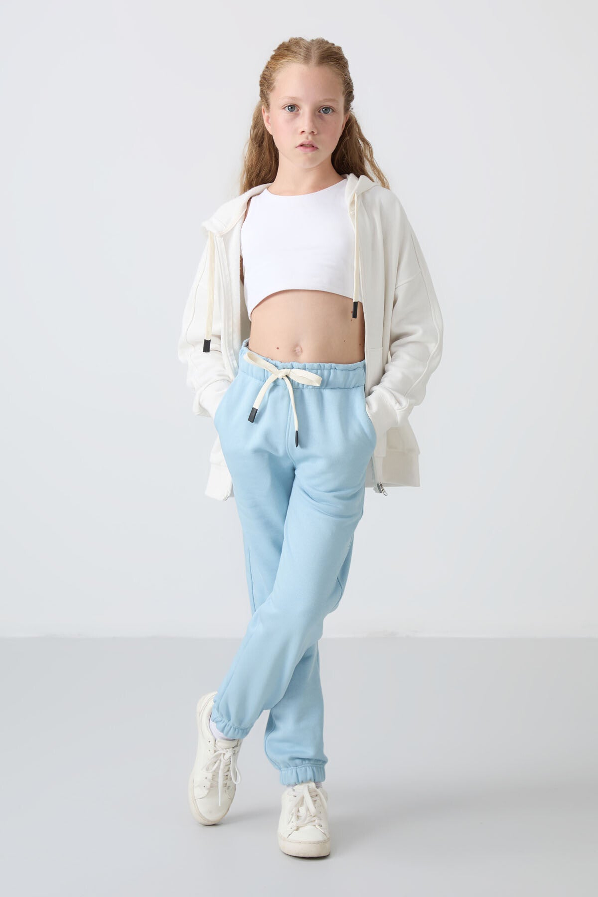 Light Blue Cotton Fleece-Lined Soft Textured Standard Fit Embroidered Girls' Tracksuit Bottom - 75158