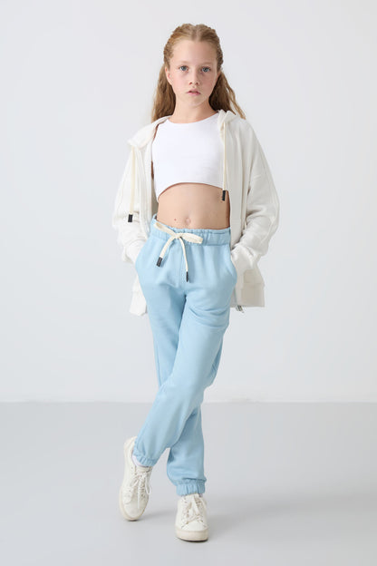 Light Blue Cotton Fleece-Lined Soft Textured Standard Fit Embroidered Girls' Tracksuit Bottom - 75158