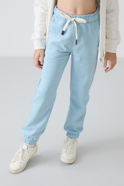 Light Blue Cotton Fleece-Lined Soft Textured Standard Fit Embroidered Girls' Tracksuit Bottom - 75158