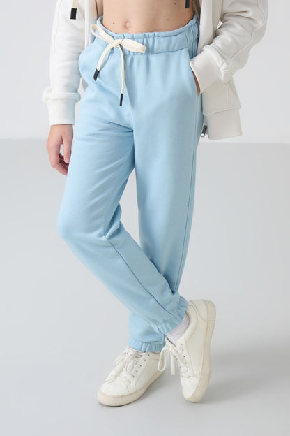 Light Blue Cotton Fleece-Lined Soft Textured Standard Fit Embroidered Girls' Tracksuit Bottom - 75158