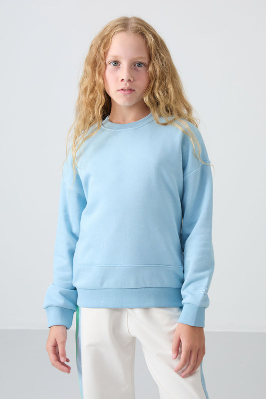 Light Blue Cotton Fleece-Lined Soft Textured Oversize Embroidered Girls' Sweatshirt - 75150