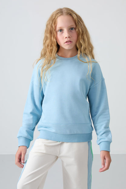 Light Blue Cotton Fleece-Lined Soft Textured Oversize Embroidered Girls' Sweatshirt - 75150