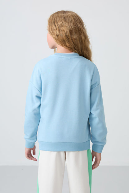 Light Blue Cotton Fleece-Lined Soft Textured Oversize Embroidered Girls' Sweatshirt - 75150