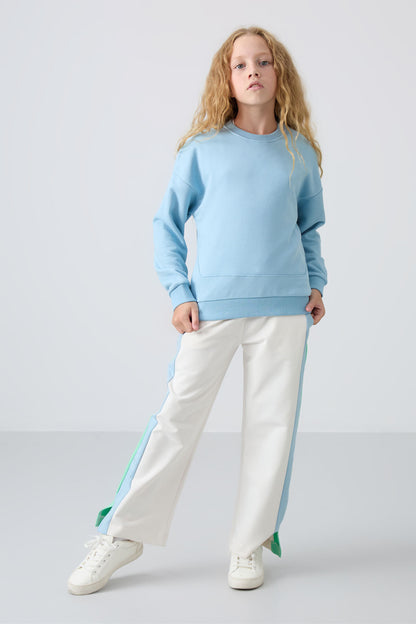 Light Blue Cotton Fleece-Lined Soft Textured Oversize Embroidered Girls' Sweatshirt - 75150