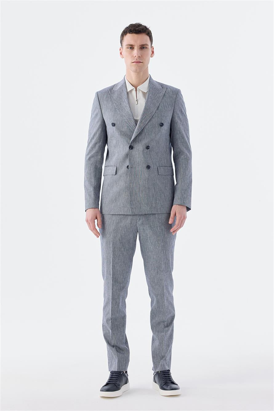 Navy Slim Fit Linen Mixed Double Breasted Suit