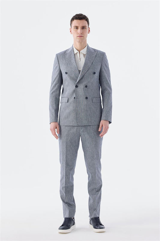 Navy Slim Fit Linen Mixed Double Breasted Suit