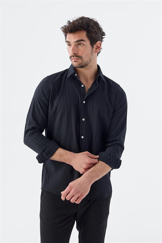Black Comfort Fit Sports Shirt With Patterned Elastic Fabric Cotton