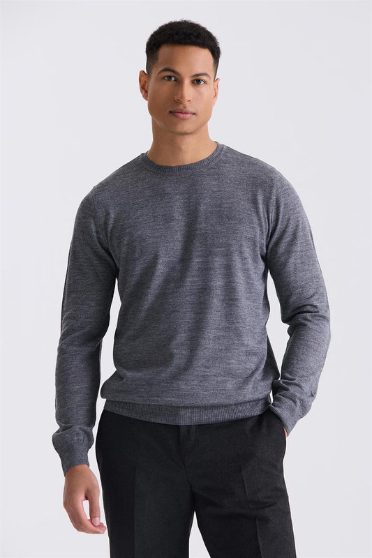 Gray Regular Fit Round Collar Knitted Sweater