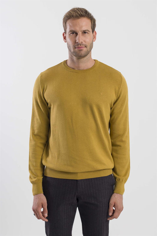 Mustard Slim Fit Round Collar Knitted Sweater