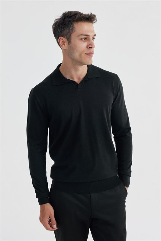 Black Slim Fit Polo Collar Knitted Sweater.