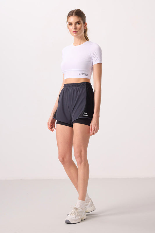 Anthracite Polyester Hidden Pocket Zippered Standard Fit Women's Lined Shorts - 91015