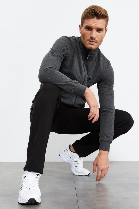 Anthracite Melange - Black High Collar Zippered Standard Fit Classic Cuff Men's Tracksuit Set - 85152