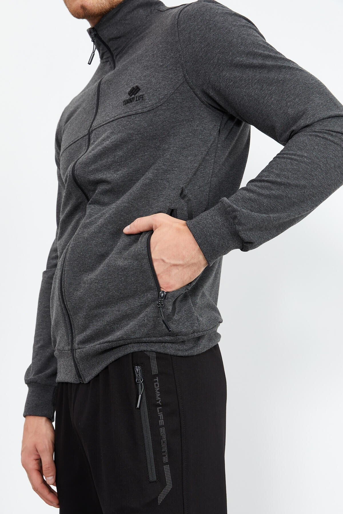 Anthracite Melange - Black High Collar Zippered Standard Fit Classic Cuff Men's Tracksuit Set - 85152