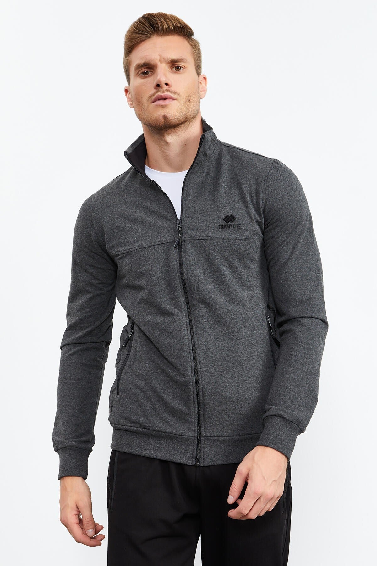 Anthracite Melange - Black High Collar Zippered Standard Fit Classic Cuff Men's Tracksuit Set - 85152
