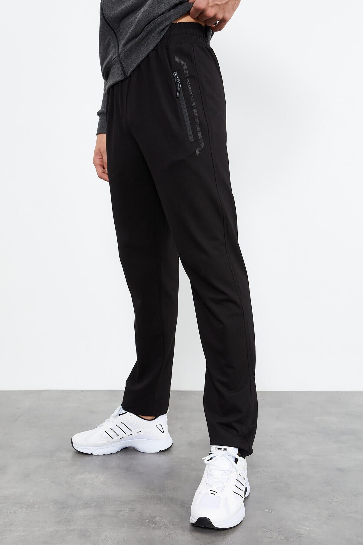 Anthracite Melange - Black High Collar Zippered Standard Fit Classic Cuff Men's Tracksuit Set - 85152