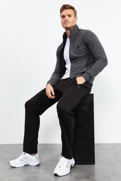 Anthracite Melange - Black High Collar Zippered Standard Fit Classic Cuff Men's Tracksuit Set - 85152