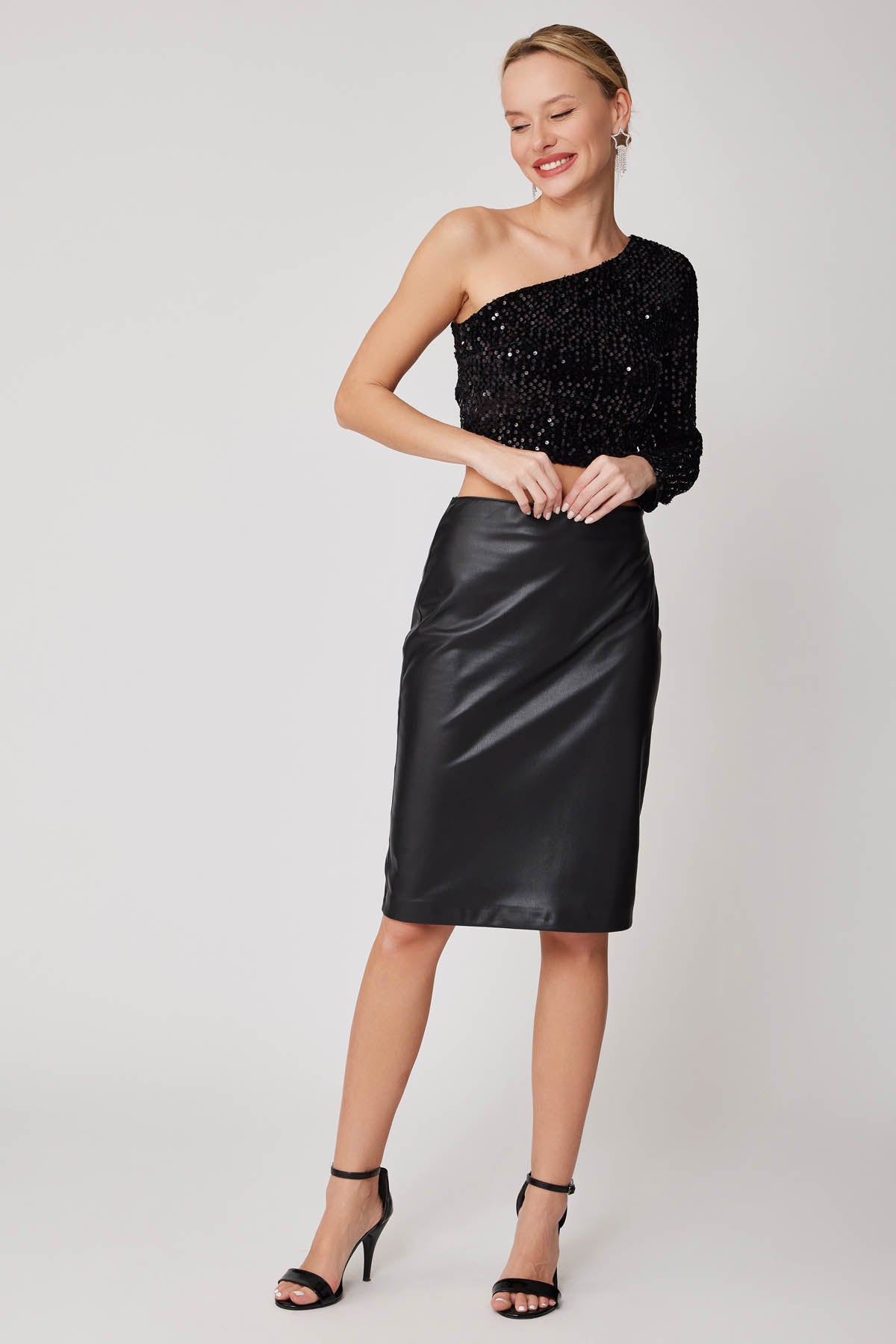 SPLIT BACK PU BLACK LONG SKIRT