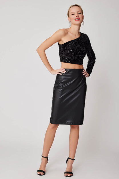 SPLIT BACK PU BLACK LONG SKIRT