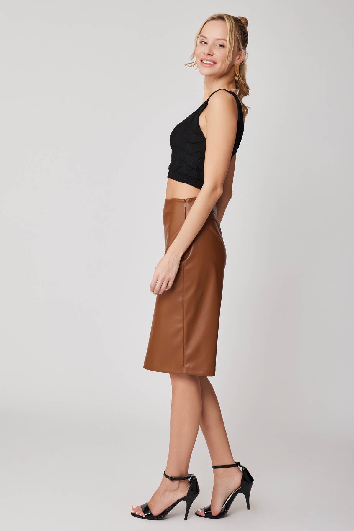 SPLIT BACK PU BLACK LONG SKIRT