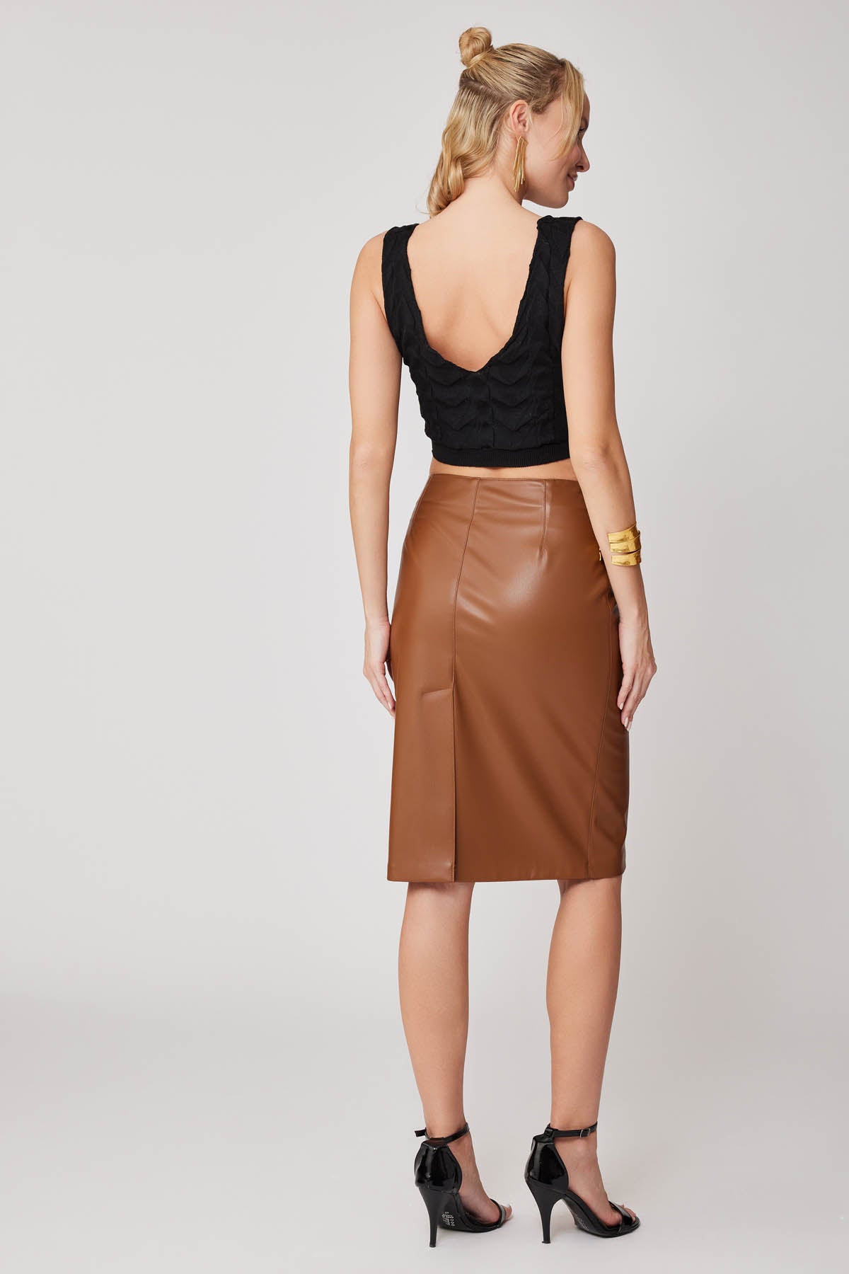 SPLIT BACK PU BLACK LONG SKIRT