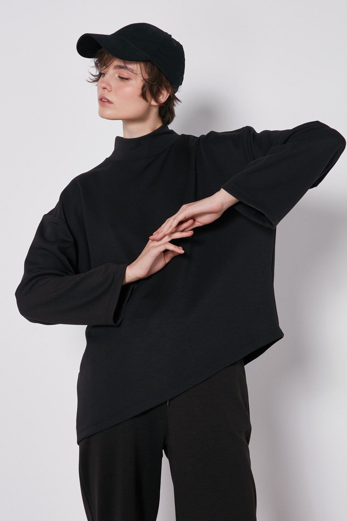 ASYMMETRICAL UPRIGHT COLLAR LOOSE FIT BLOUSE