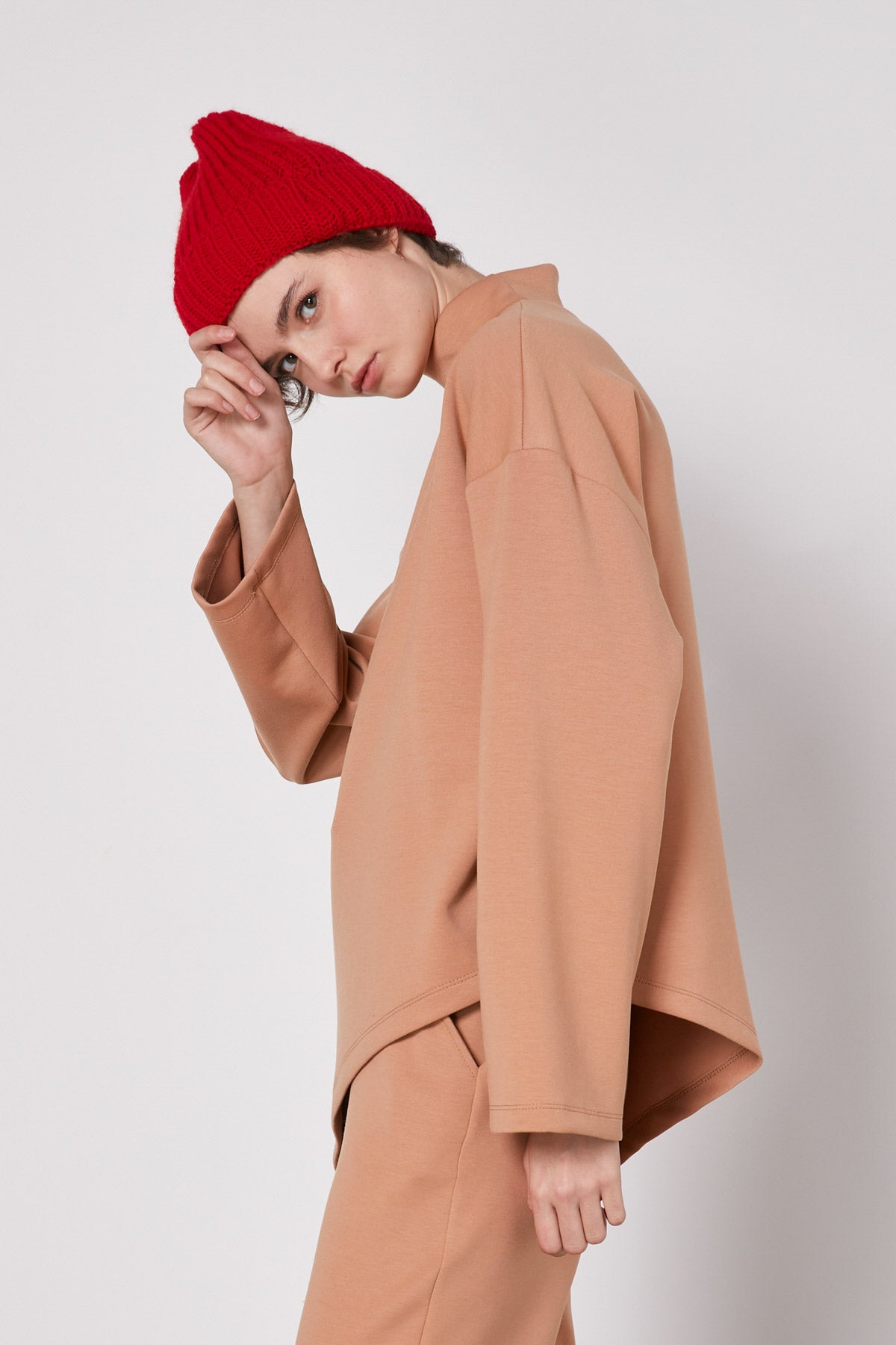 ASYMMETRICAL UPRIGHT COLLAR LOOSE FIT BLOUSE