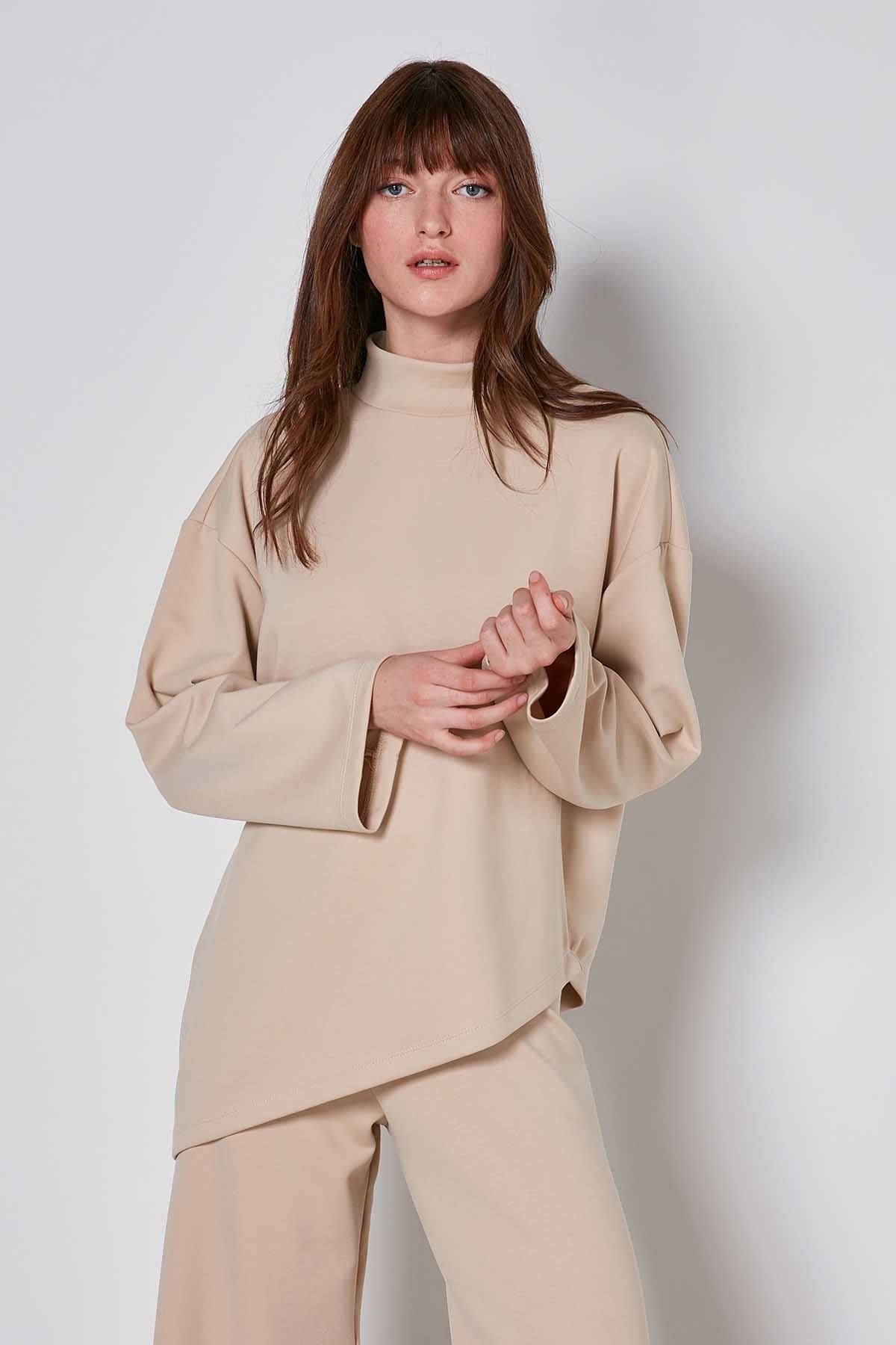 ASYMMETRICAL UPRIGHT COLLAR LOOSE FIT BLOUSE