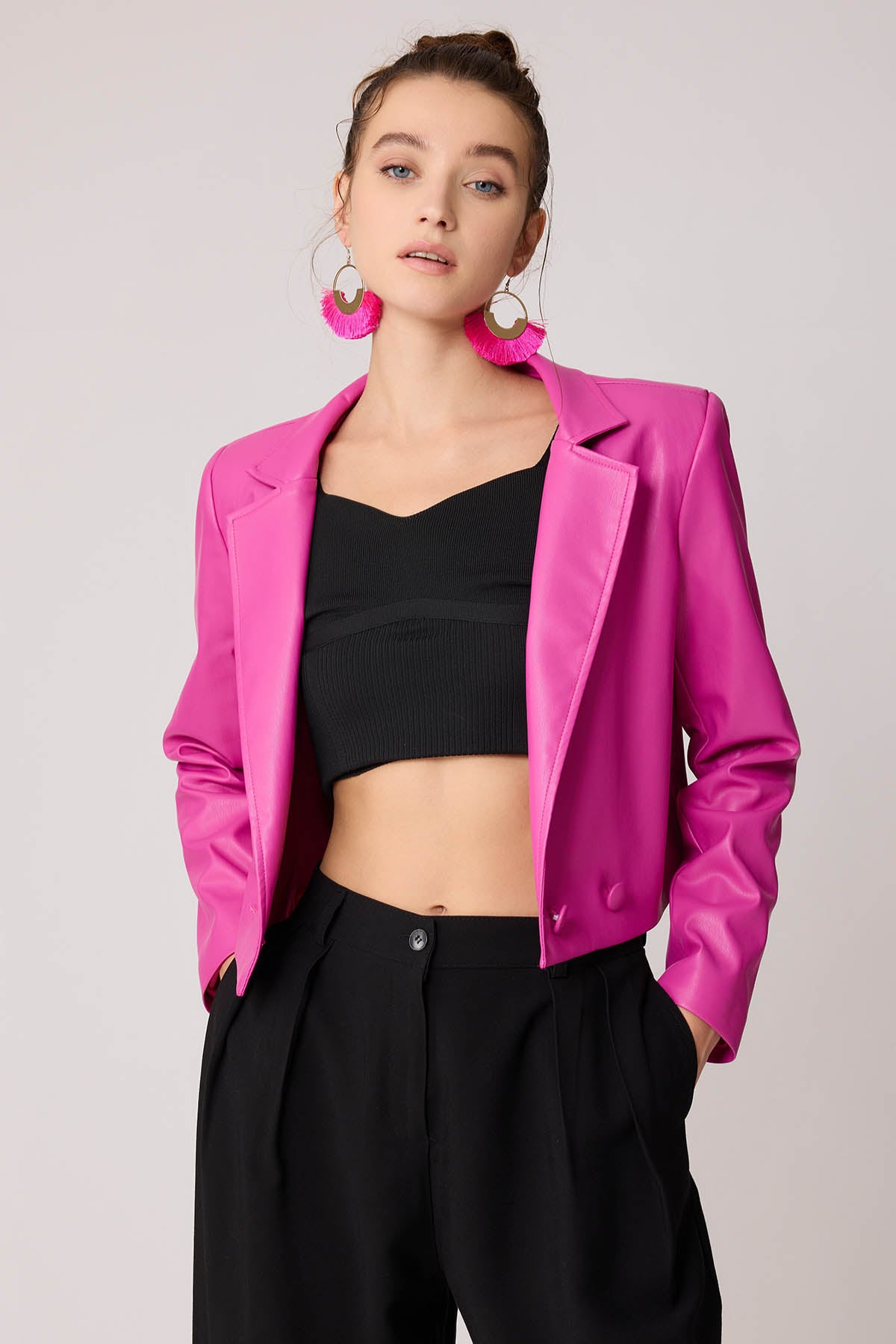 FAUX LEATHER CROP JACKET WITH ASSISTED BUTTON