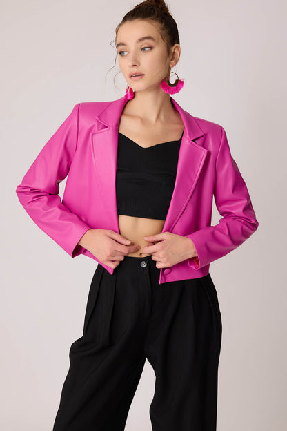 FAUX LEATHER CROP JACKET WITH ASSISTED BUTTON