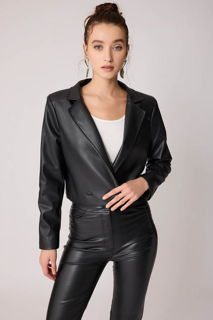 FAUX LEATHER CROP JACKET WITH ASSISTED BUTTON