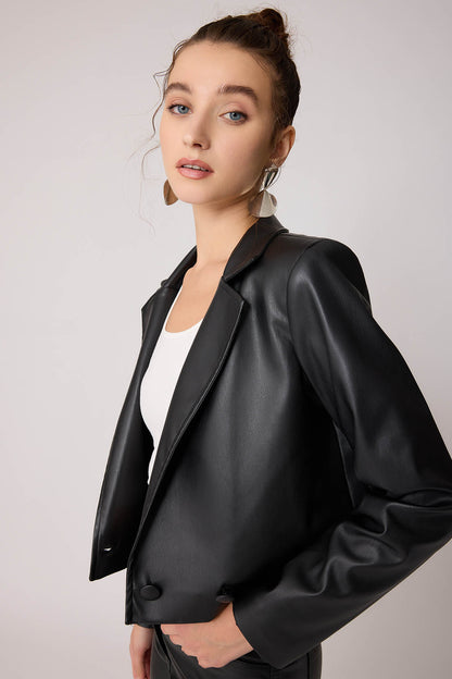 FAUX LEATHER CROP JACKET WITH ASSISTED BUTTON