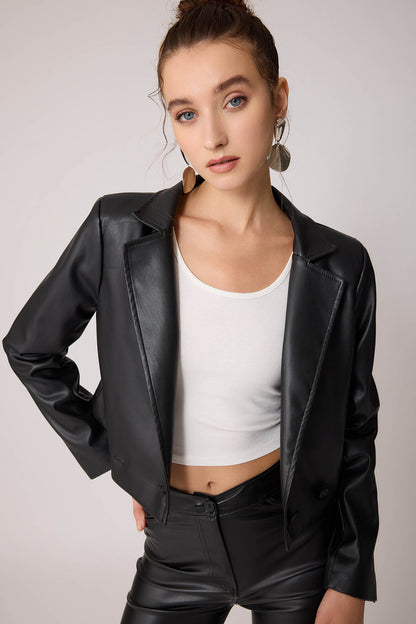 FAUX LEATHER CROP JACKET WITH ASSISTED BUTTON