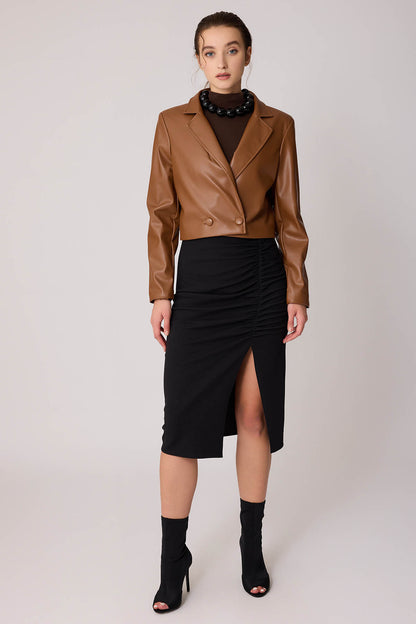 FAUX LEATHER CROP JACKET WITH ASSISTED BUTTON