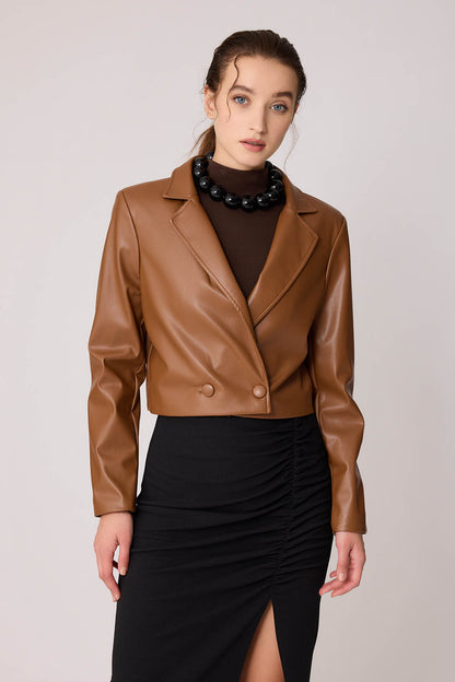 FAUX LEATHER CROP JACKET WITH ASSISTED BUTTON