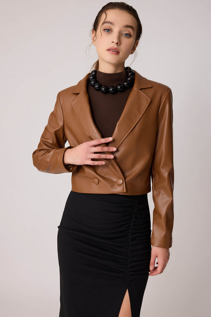 FAUX LEATHER CROP JACKET WITH ASSISTED BUTTON